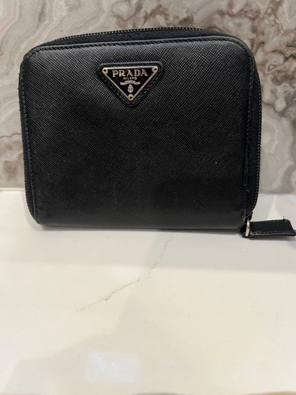 Prada Black Saffiano Leathet Zip Around Bifold Wallet